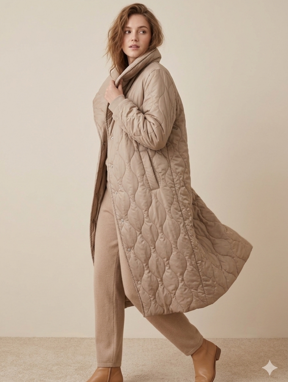 BSL BEIGE QUILTED LONG COAT WOMEN XS | LIGHTWEIGHT PADDED MIDI JACKET MINIMALIST